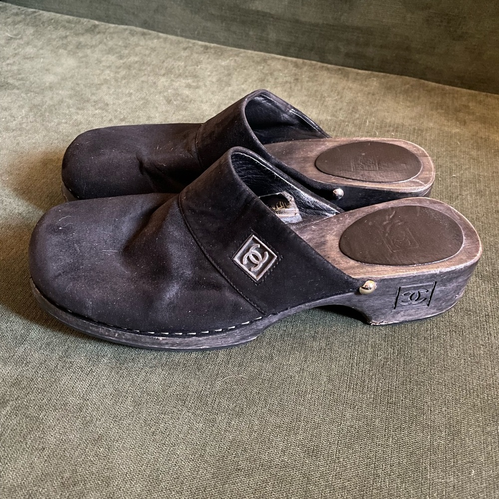 Chanel Suede and Wooden Clogs